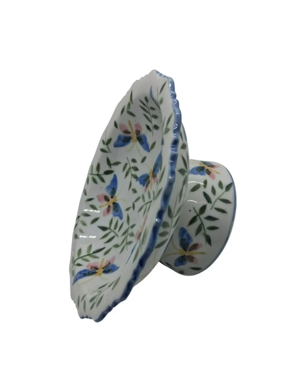Andria By Sadek Pedestal Bowl Porcelain Butterfly Floral Pattern Scalloped Edge